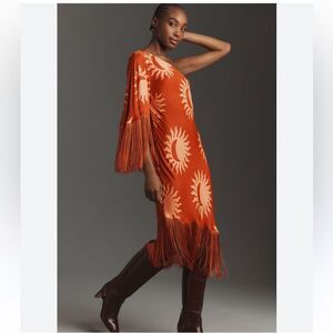 Farm Rio x Anthropologie One-Shoulder A-Line Fringe Mini Dress Small color Honey